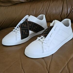 Men's Fendi White Leather Sneakers with Brown Monogram Strap Size 9 US